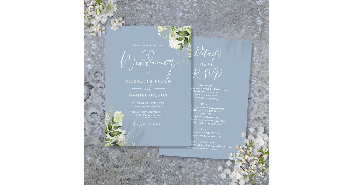All In One Dusty Blue Greenery Floral Wedding Invitation | Zazzle