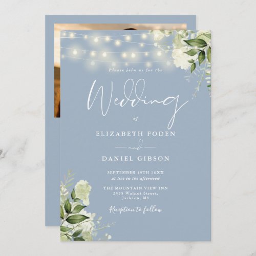 All In One Dusty Blue Greenery Light Photo Wedding Invitation