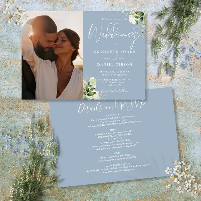All In One Dusty Blue Greenery Photo Wedding Invitation (All In One Dusty Blue Greenery Photo Wedding Invitation)