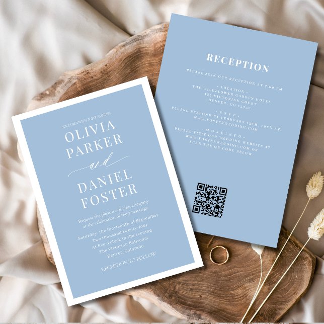 All in One Dusty Blue QR Code Minimalist Wedding Invitation (Creator Uploaded)