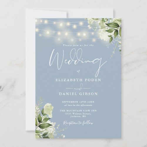 All In One Dusty Blue String Lights Floral Wedding Invitation