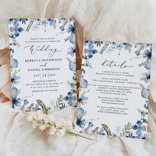 All_in_one Dusty Blue Wildflowers Wedding Invitation