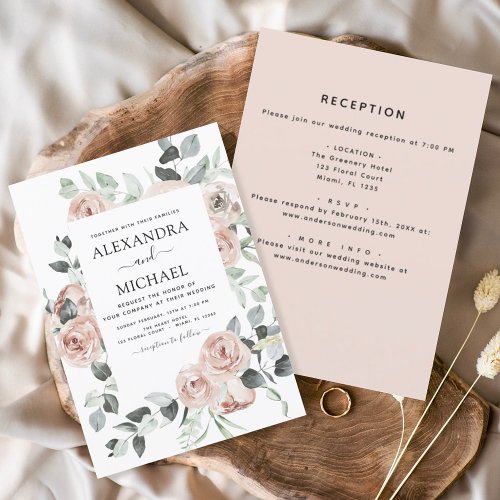 All in One Dusty Pink Floral Eucalyptus Wedding Invitation