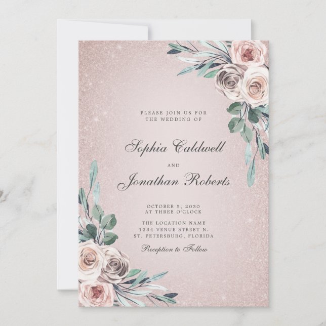 All in One Dusty Pink Roses Boho Glitter Wedding Invitation (Front)