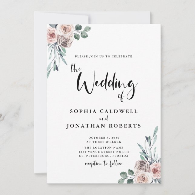 All in One Dusty Pink Roses Calligraphy Wedding Invitation (Front)