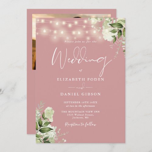 All In One Dusty Rose Greenery Light Photo Wedding Invitation