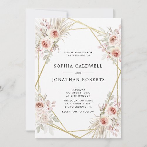 All in One Dusty Rose Pink Floral Gold Wedding Invitation