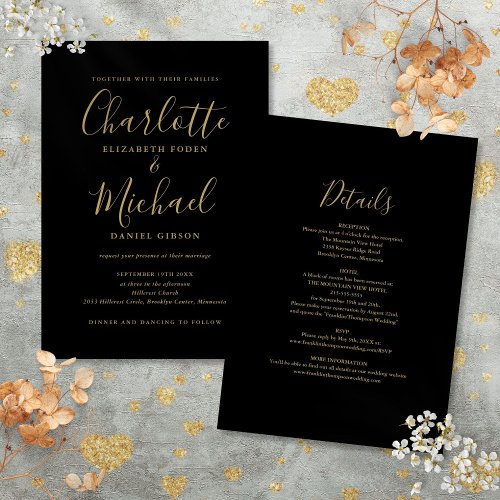 All In One Elegant Black And Gold Script Wedding Invitation