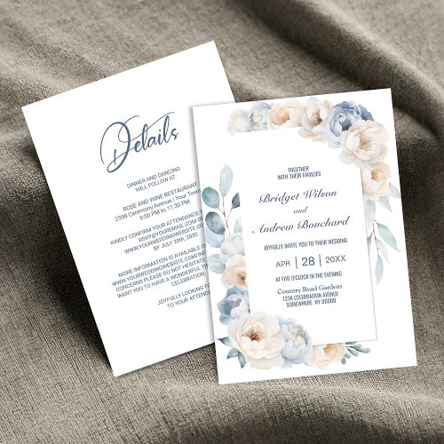 All In One Elegant Blue White Floral Wedding Invitation