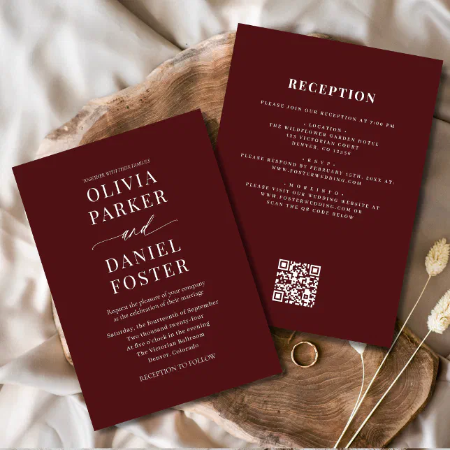All in One Elegant Burgundy QR Code Wedding Invitation | Zazzle
