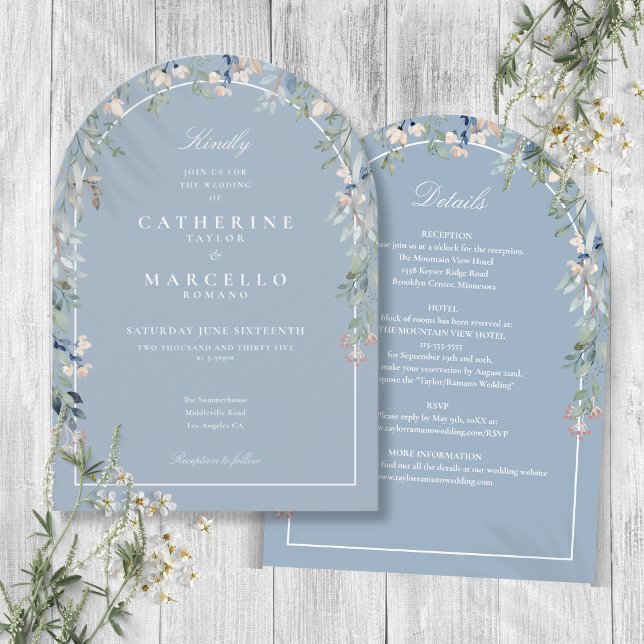 All In One Elegant Dusty Blue Floral Arch Wedding Invitation (All In One Elegant Dusty Blue Floral Arch Wedding Invitation)