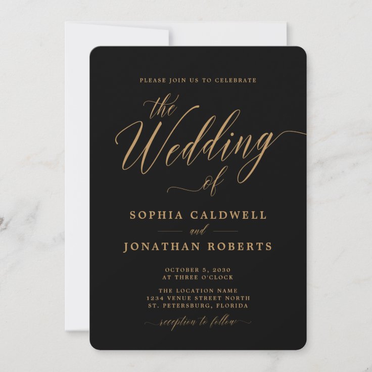 All in One Elegant Gold Calligraphy Black Wedding Invitation | Zazzle