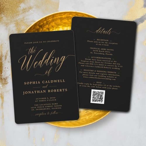 All in One Elegant Gold Calligraphy Black Wedding Invitation