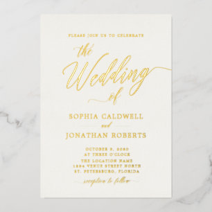 All in One Elegant Gold Calligraphy Cream Wedding Foil Invitation