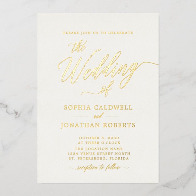 All in One Elegant Gold Calligraphy Cream Wedding Foil Invitation (Front)