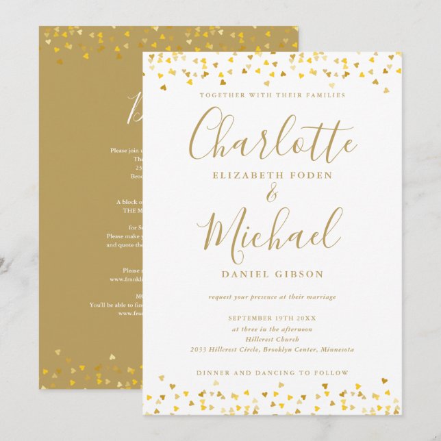 All In One Elegant Gold Hearts Confetti Wedding Invitation (Front/Back)