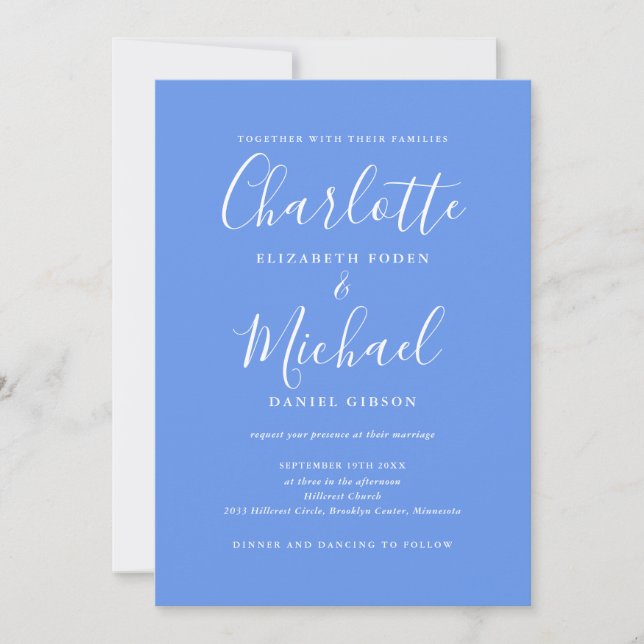 All In One Elegant Modern Cornflower Blue Wedding Invitation (Front)