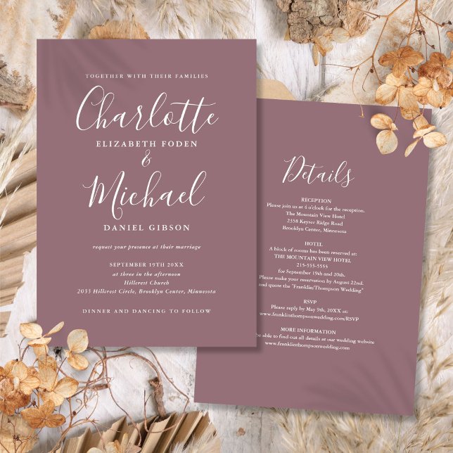 All In One Elegant Modern Script Mauve Wedding Invitation (All In One Elegant Modern Script Mauve Wedding Invitation)