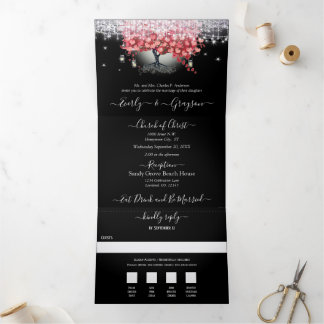 All In One Elegant Red & Pink Heart Leaf Wedding Tri-Fold Invitation