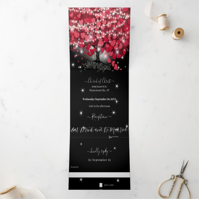 All In One Elegant Red & Pink Heart Leaf Wedding   Tri-Fold Invitation (Inside)