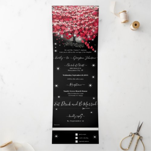 All In One Elegant Red  Pink Heart Leaf Wedding   Tri_Fold Invitation