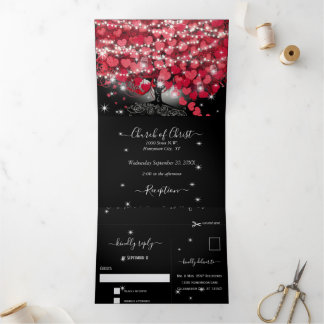 All In One Elegant Red & Pink Heart Leaf Wedding Tri-Fold Invitation