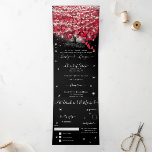 All In One Elegant Red  Pink Heart Leaf Wedding  Tri_Fold Invitation