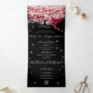 All In One Elegant Red & Pink Heart Leaf Wedding Tri-Fold Invitation