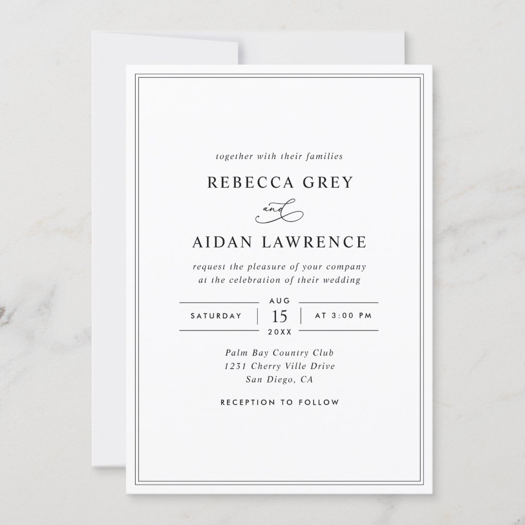 All-In-One Elegant Script Black and White Wedding Invitation | Zazzle