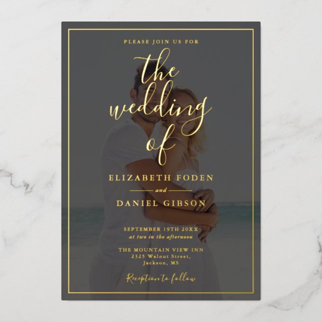 All In One Elegant Script Photo Wedding Gold Foil Invitation (Front)