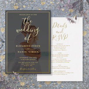 All In One Elegant Script Photo Wedding Gold Foil Invitation
