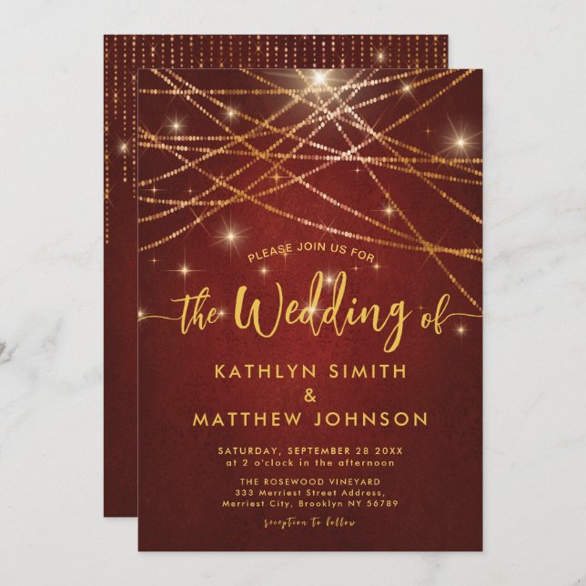 All In One Elegant Sparkling Gold String Lights Invitation (Front/Back)