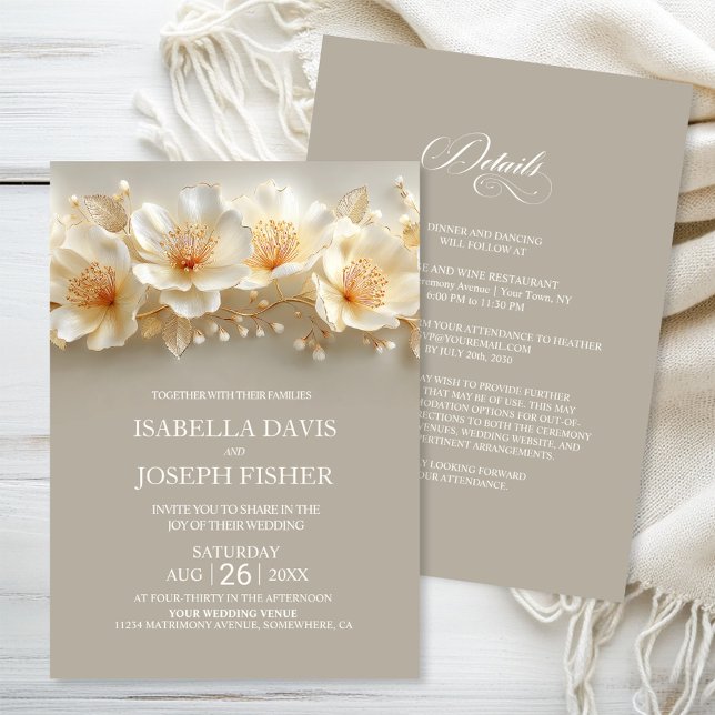 All in One Elegant White and Gold Floral Wedding Invitation (Creator Uploaded)