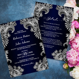 All In One Elegant White Lace Blue Wedding Invitation