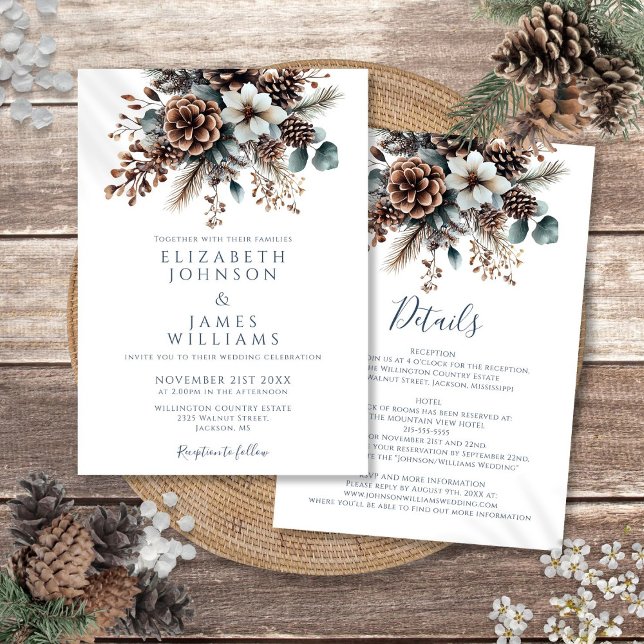 All In One Elegant Winter Floral Pinecone Wedding Invitation (All In One Elegant Winter Floral Pinecone Wedding Invitation)