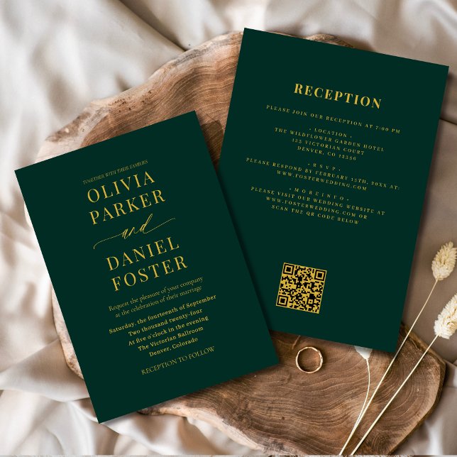 All in One Emerald Green Gold QR Code Wedding Invitation (Creator Uploaded)