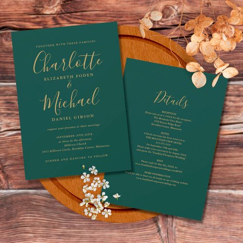 All In One Emerald Green Gold Script Wedding Invitation