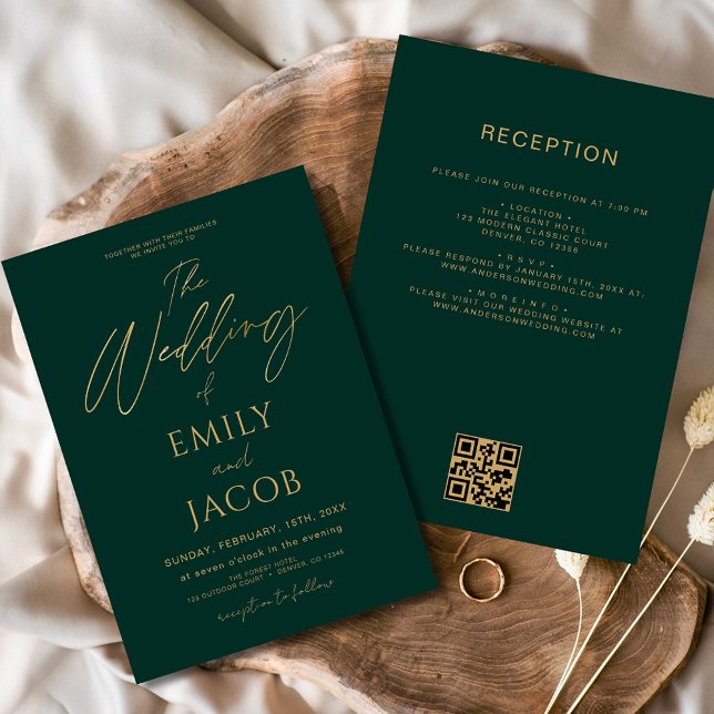 All in One Emerald Green Gold Wedding QR Code Invitation (Creator Uploaded)