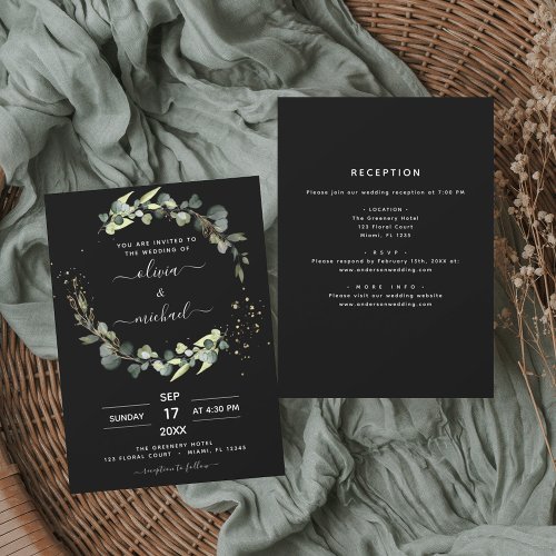 All in One Eucalyptus Black Rustic Wedding Invitation