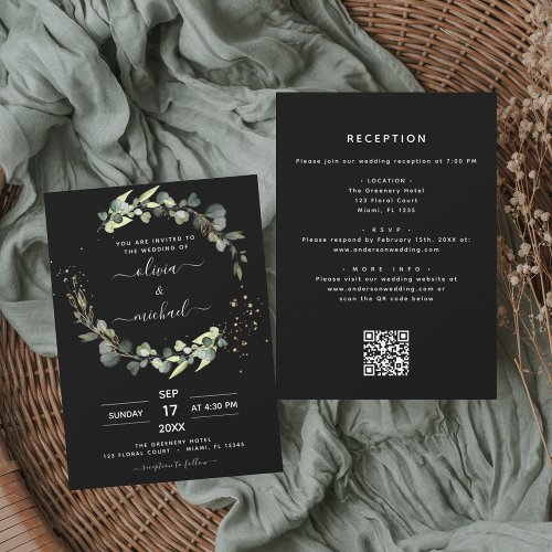 All in One Eucalyptus Black Rustic Wedding Invitation