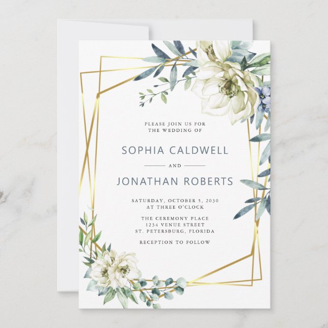 All in One Eucalyptus Floral Gold Wedding Invitation (Front)