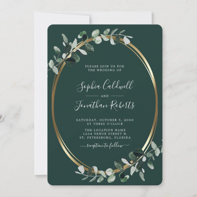 All in One Eucalyptus Gold Emerald Green Wedding Invitation (Front)