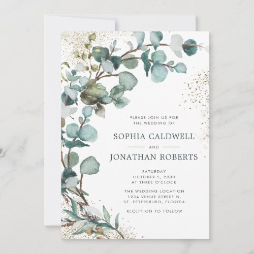 All in One Eucalyptus Gold Glitter Wedding Invitation