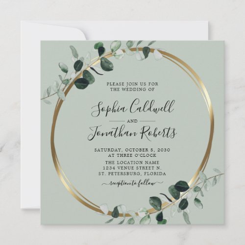 All in One Eucalyptus Gold Sage Square Wedding Invitation