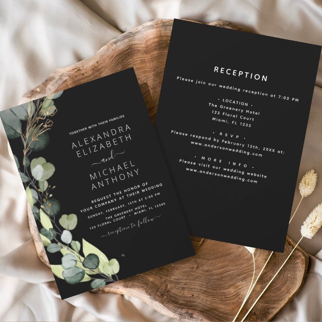 All in One Eucalyptus Greenery Black Wedding  Invitation (Creator Uploaded)