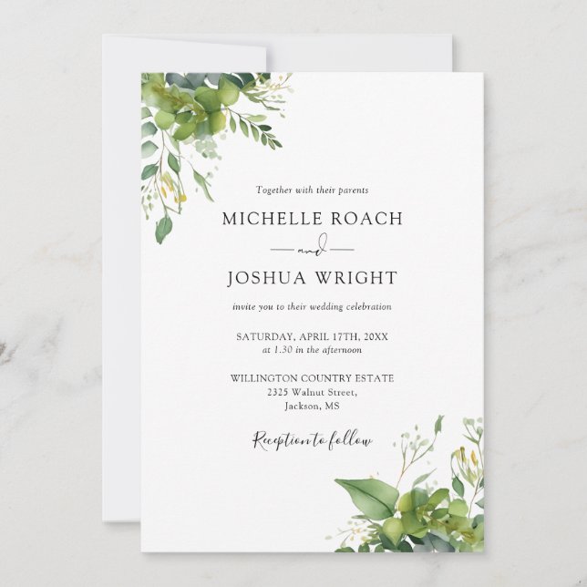 All In One Eucalyptus Greenery Elegant Wedding Invitation (Front)
