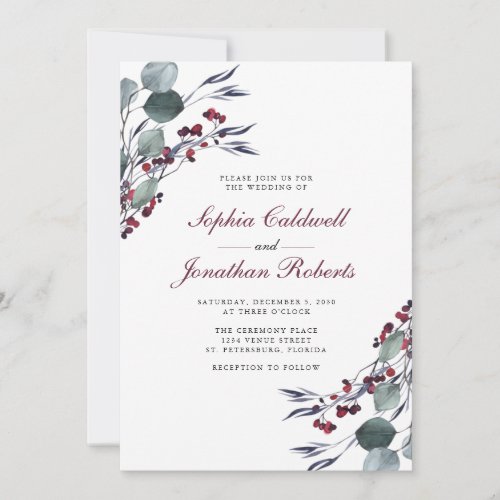 All in One Eucalyptus Holly Berries Winter Wedding Invitation