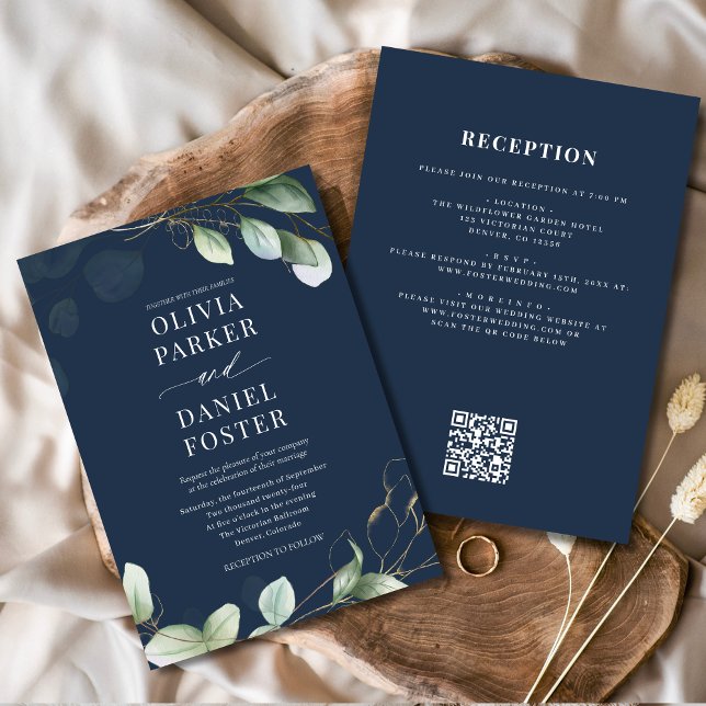 All in One Eucalyptus Navy Blue QR Code Wedding Invitation (Creator Uploaded)
