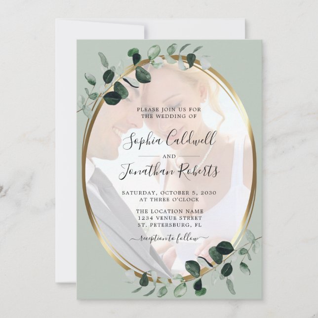 All in One Eucalyptus Photo Gold Sage Wedding Invi Invitation (Front)
