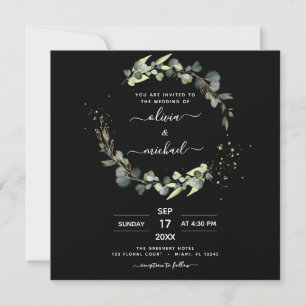 All in One Eucalyptus QR Code Black Wedding Invitation